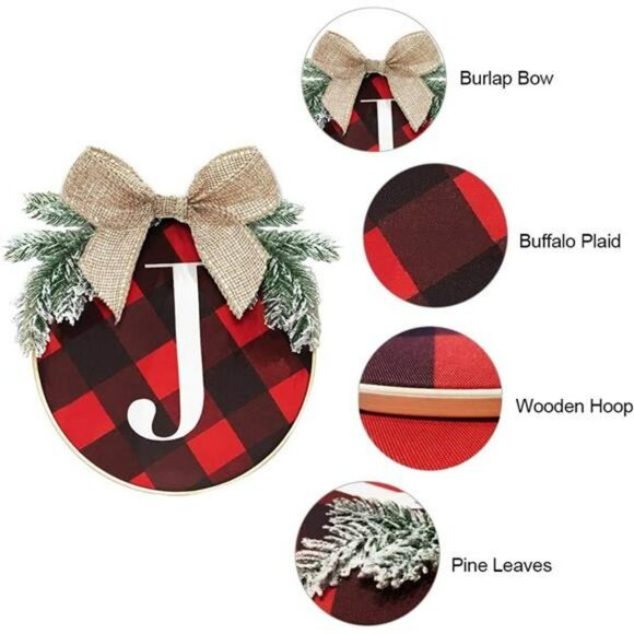 Joy Sign - Buffalo Check Plaid Wreath for Front Door - Wooden Holiday Decoration - Picture 2 of 6